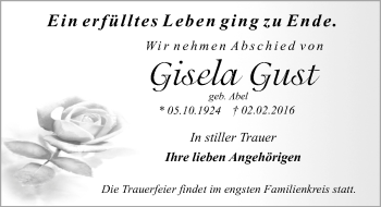Traueranzeige von Gisela Gust von Mitteldeutsche Zeitung Dessau-Roßlau