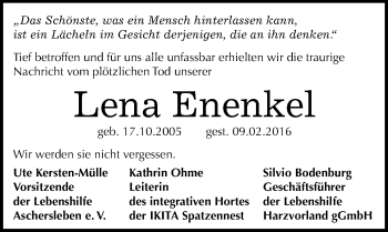 Traueranzeige von Lena Enenkel von Mitteldeutsche Zeitung Aschersleben