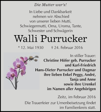 Traueranzeige von Walli Purrucker von Super Sonntag Zeitz