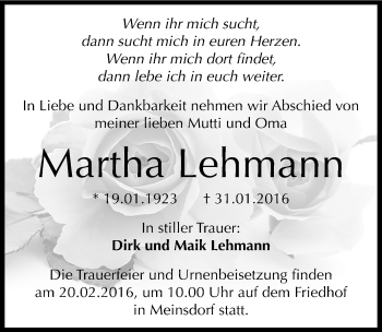 Traueranzeige von Martha Lehmann von Mitteldeutsche Zeitung Dessau-Roßlau