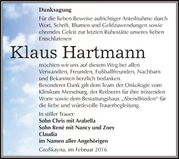 Traueranzeige von Klaus Hartmann von WVG - Wochenspiegel Merseburg