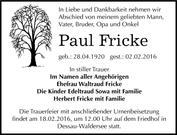 Traueranzeige von Paul Fricke von Mitteldeutsche Zeitung Dessau-Roßlau