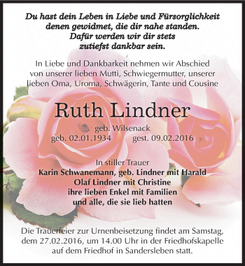Traueranzeige von Ruth Lindner von Mitteldeutsche Zeitung Mansfelder Land