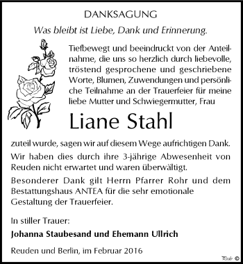 Traueranzeige von Liane Stahl von Mitteldeutsche Zeitung Zeitz