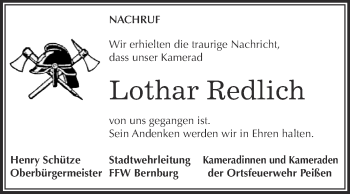 Traueranzeige von Lothar Redlich von Super Sonntag Bernburg