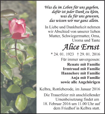 Traueranzeige von Alice Ernst von Mitteldeutsche Zeitung Sangerhausen