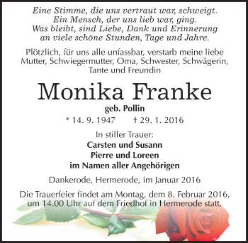 Traueranzeige von Monika Franke von Mitteldeutsche Zeitung Quedlinburg