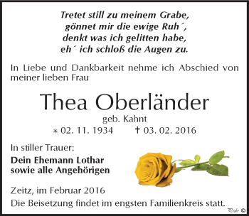Traueranzeige von Thea Oberländer von Mitteldeutsche Zeitung Zeitz
