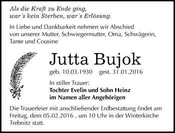 Traueranzeige von Jutta Bujok von Mitteldeutsche Zeitung Bernburg
