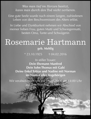 Traueranzeige von Rosemarie Hartmann von Mitteldeutsche Zeitung Naumburg/Nebra