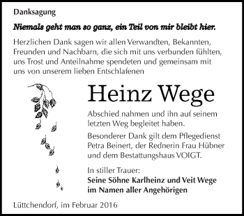 Traueranzeige von Heinz Wege von Wochenspiegel Mansfelder Land