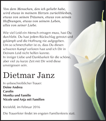 Traueranzeige von Dietmar Janz von Mitteldeutsche Zeitung Mansfelder Land