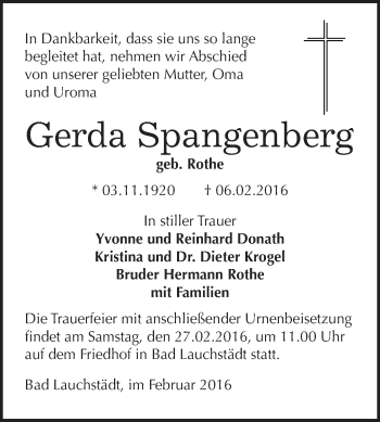 Traueranzeige von Gerda Spangenberg von WVG - Wochenspiegel Merseburg
