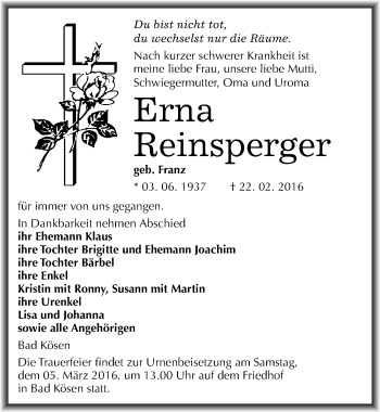 Traueranzeige von Erna Reinsperger von Mitteldeutsche Zeitung Naumburg/Nebra