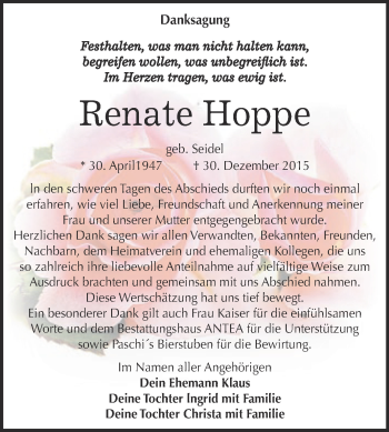 Traueranzeige von Renate Hoppe von WVG - Wochenspiegel Dessau / Köthen