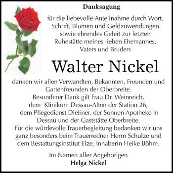 Traueranzeige von Walter Nickel von WVG - Wochenspiegel Dessau / Köthen