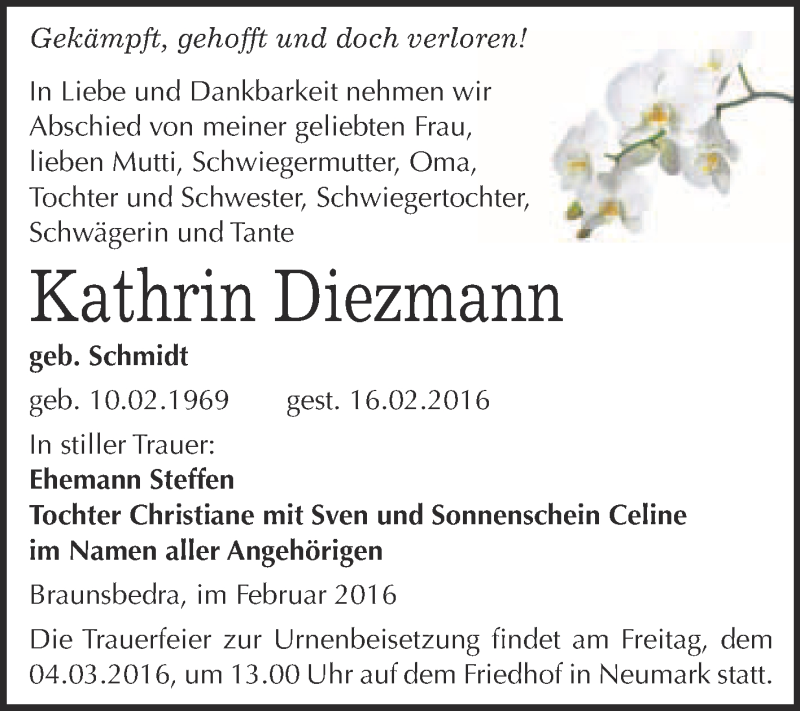  Traueranzeige für Kathrin Diezmann vom 20.02.2016 aus WVG - Wochenspiegel Merseburg