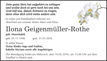 Traueranzeige von Ilona Geigenmüller-Rothe von Mitteldeutsche Zeitung Halle/Saalkreis