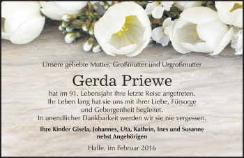 Traueranzeige von Gerda Priewe von Mitteldeutsche Zeitung