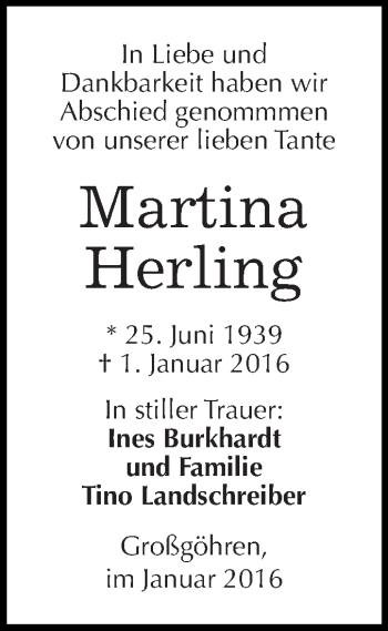 Traueranzeige von Martina Herling von Super Sonntag Merseburg