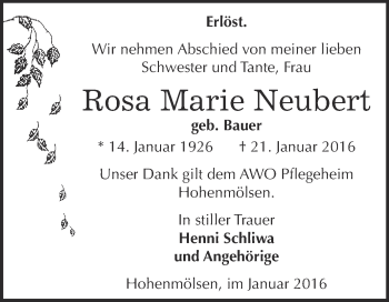 Traueranzeige von Rosa Marie Neubert von WVG - Wochenspiegel NMB / WSF / ZTZ