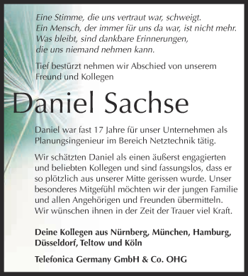Traueranzeige von Daniel Sachse von WVG - Wochenspiegel NMB / WSF / ZTZ