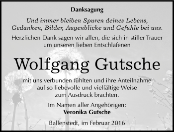 Traueranzeige von Wolfgang Gutsche von Mitteldeutsche Zeitung Quedlinburg