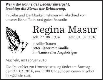 Traueranzeige von Regina Masur von WVG - Wochenspiegel Merseburg