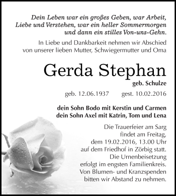 Traueranzeige von Gerda Stephan von WVG - Wochenspiegel Bitterfeld