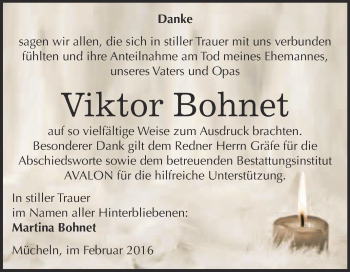 Traueranzeige von Viktor Bohnet von WVG - Wochenspiegel Merseburg
