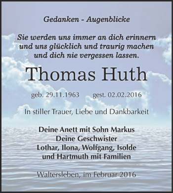 Traueranzeige von Thomas Huth von WVG - Wochenspiegel NMB / WSF / ZTZ