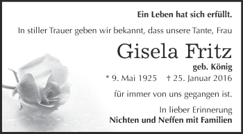 Traueranzeige von Gisela Fritz von WVG - Wochenspiegel Dessau / Köthen