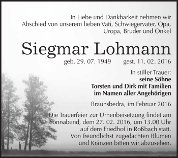 Traueranzeige von Siegmar Lohmann von WVG - Wochenspiegel Merseburg