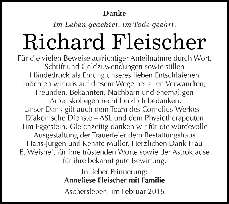  Traueranzeige für Richard Fleischer vom 20.02.2016 aus Super Sonntag Aschersleben