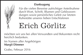 Traueranzeige von Erich Görlitz von Super Sonntag Wittenberg