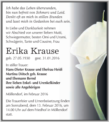 Traueranzeige von Erika Krause von Wochenspiegel Mansfelder Land