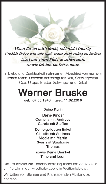 Traueranzeige von Werner Bruske von Mitteldeutsche Zeitung Weißenfels