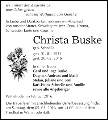 Traueranzeige von Christa Buske von Super Sonntag SGH Mansf. Land
