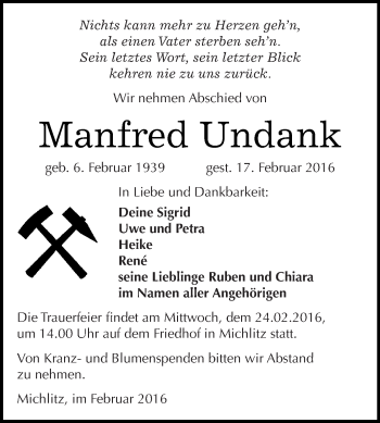 Traueranzeige von Manfred Undank von Super Sonntag Merseburg