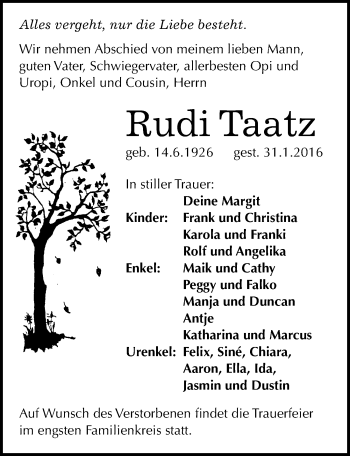 Traueranzeige von Rudi Taatz von Mitteldeutsche Zeitung Weißenfels