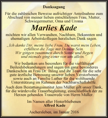 Traueranzeige von Marlies Kade von Mitteldeutsche Zeitung Aschersleben