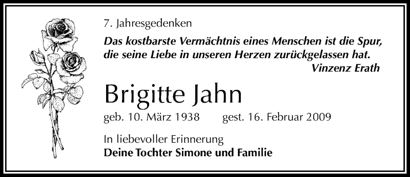  Traueranzeige für Brigitte Jahn vom 16.02.2016 aus Mitteldeutsche Zeitung Halle/Saalkreis