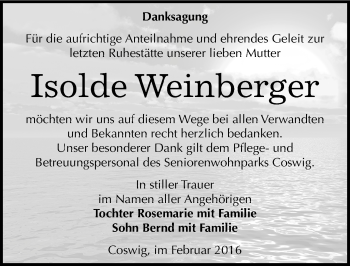Traueranzeige von Isolde Weinberger von Mitteldeutsche Zeitung Wittenberg