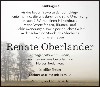 Traueranzeige von Renate Oberländer von Mitteldeutsche Zeitung Bitterfeld