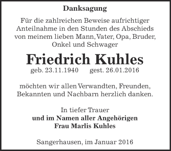 Traueranzeige von Friedrich Kuhles von Super Sonntag SGH Mansf. Land