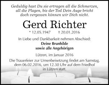 Traueranzeige von Gerd Richter von WVG - Wochenspiegel NMB / WSF / ZTZ