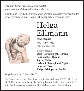 Traueranzeige von Helgal Ellmann von Mitteldeutsche Zeitung Sangerhausen
