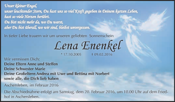 Traueranzeige von Lena Enenkel von Super Sonntag Aschersleben