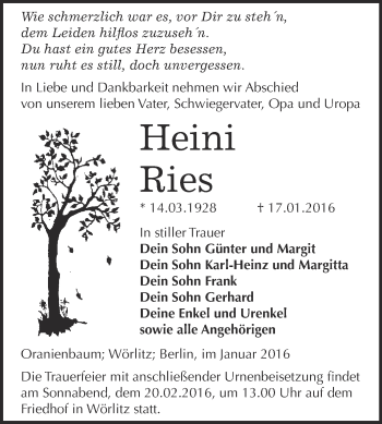 Traueranzeige von Heini Ries von WVG - Wochenspiegel Wittenberg