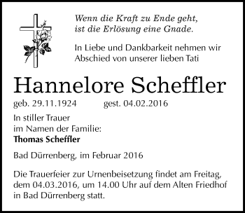 Traueranzeige von Hannelore Scheffler von Mitteldeutsche Zeitung Merseburg/Querfurt
